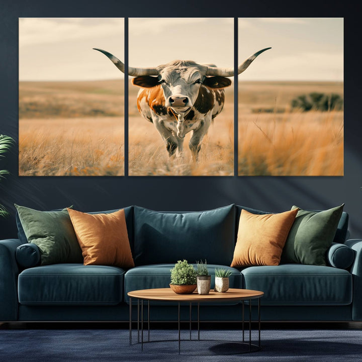 The Texas Cow Longhorn Wall Art Canvas adds rustic charm to the decor.