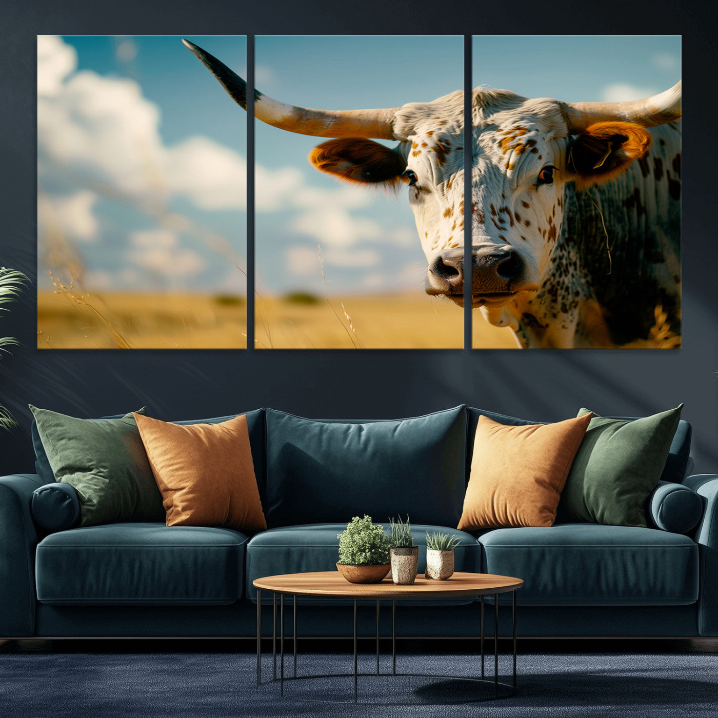MGV-CV-60X30-3P - Longhorn in the Prairie - Stunning Ranch-Style Triptych Wall Art for Western Home Decor, Cowboy Wall