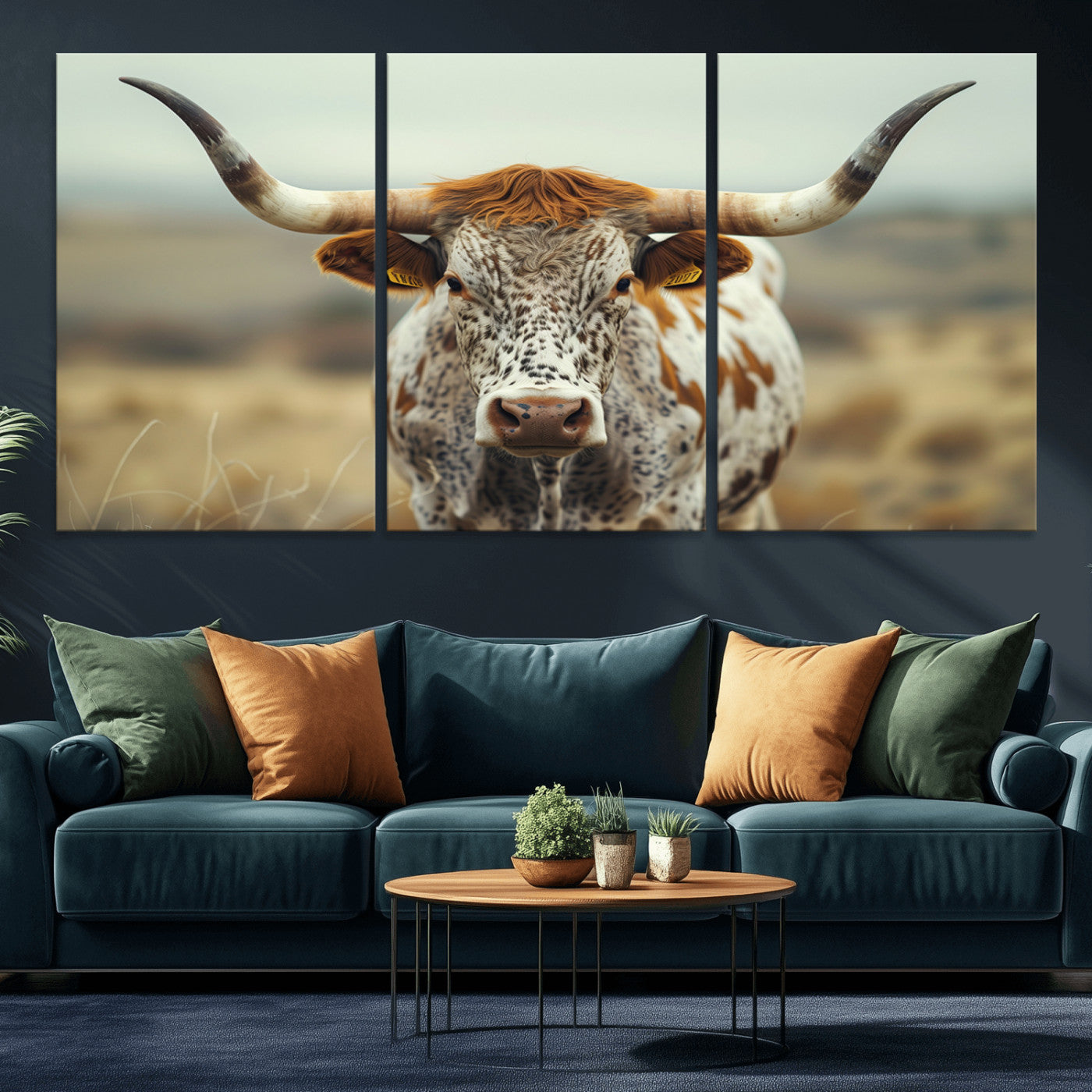 MGV-CV-60X30-3P - Texas Cow Longhorn Wall Art Canvas Print for Farm House Wall Decor, Farmhouse Wall Art Print