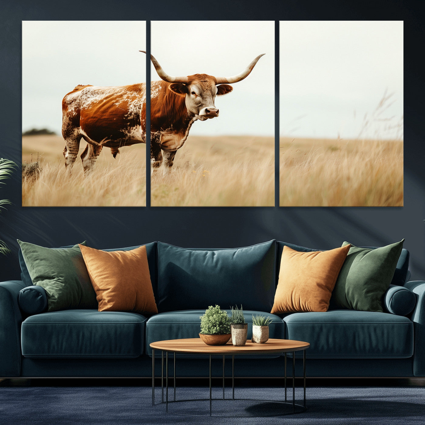MGV-CV-60X30-3P - Texas Longhorn Canvas Wall Art Print – Majestic Western Cattle in Rustic Farmhouse Decor – Cow Wall