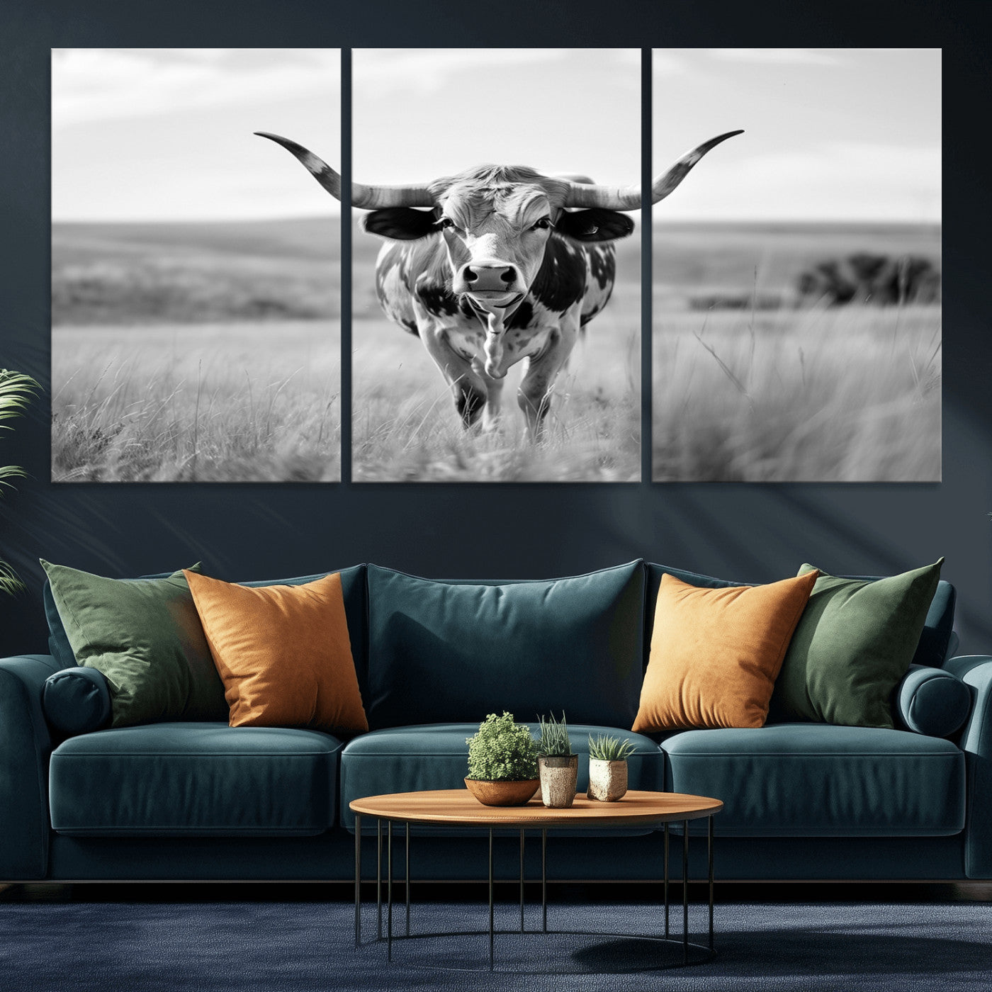 MGV-CV-60X30-3P - Texas Cow Longhorn Wall Art Canvas Print for Farm House Wall Decor, Farmhouse Wall Art Print