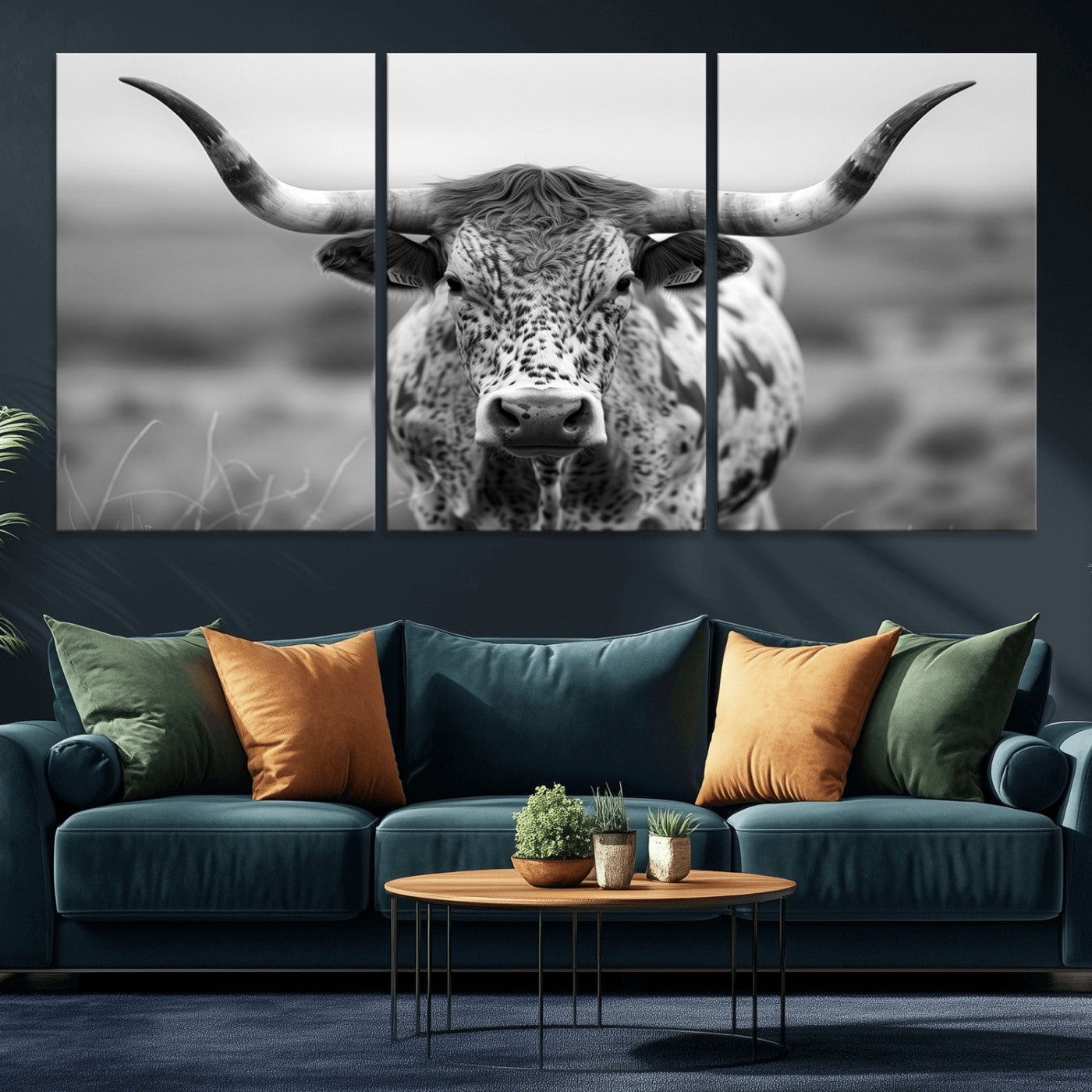 MGV-CV-60X30-3P - Texas Cow Longhorn Wall Art Canvas Print for Farm House Wall Decor, Farmhouse Wall Art Print