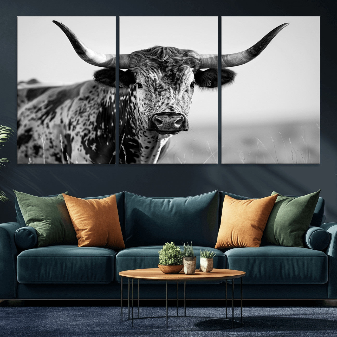 MGV-CV-60X30-3P - Texas Highland Cow Longhorn Canvas Print - Rustic Farmhouse Wall Art - Large Texas Longhorn