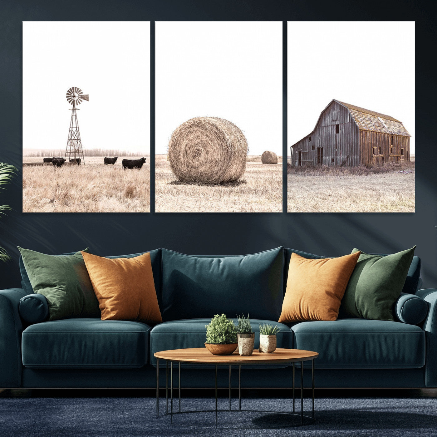 30918-MGV-CV-60X30-3P - Rustic Farmhouse Wall Art Set of 3 – Country Barn and Wheat Field | Farm Prints for Country Home and