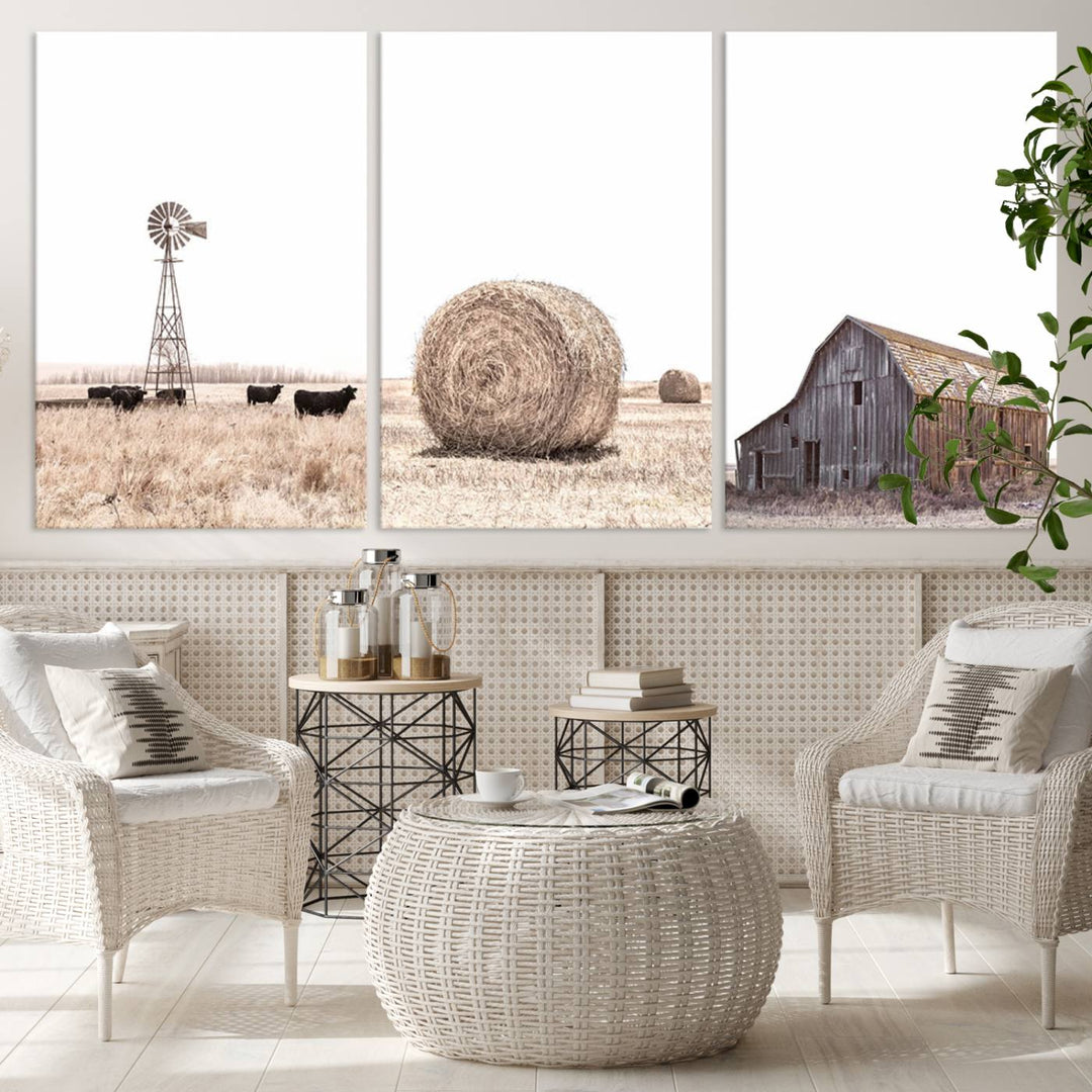 Above the couch, a Rustic Farmhouse Wall Art set depicts a barn and wheat field.