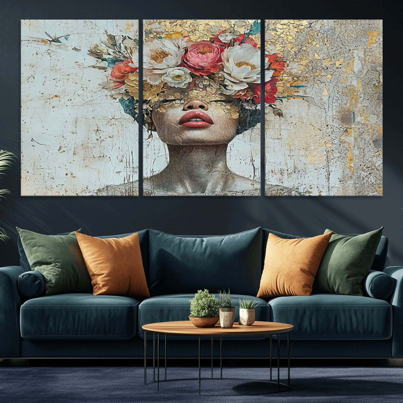 MGV-CV-60X30-3P - Golden Petal Wall Art Canvas Print - Silhouette Woman Wall Art Canvas Print, Floral Woman Portrait