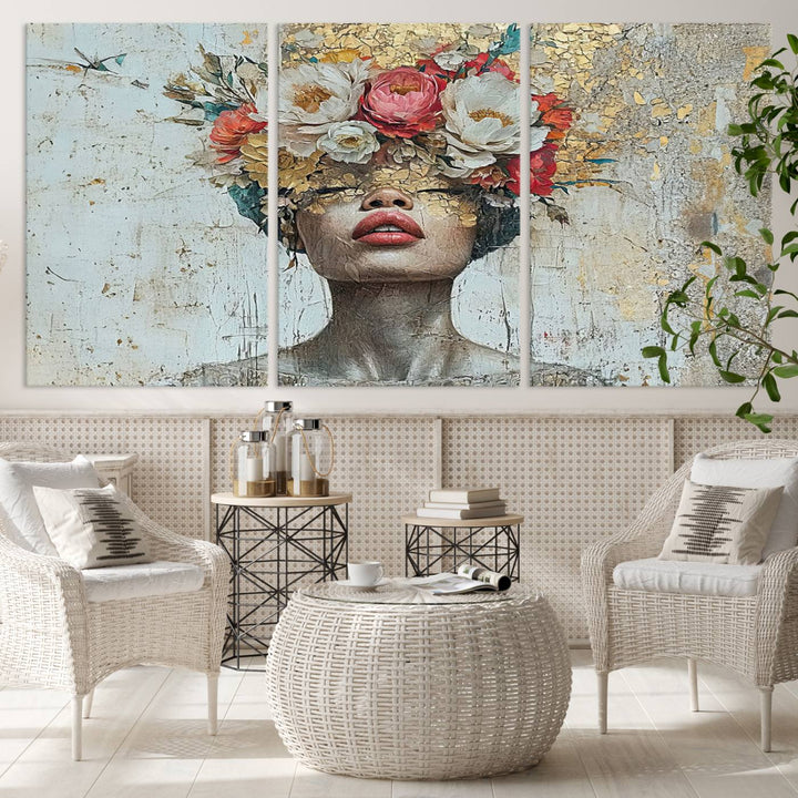 A triptych of the Golden Petal Silhouette Woman Wall Art Canvas Print showcases an abstract portrait featuring a woman adorned with flowers on her head.