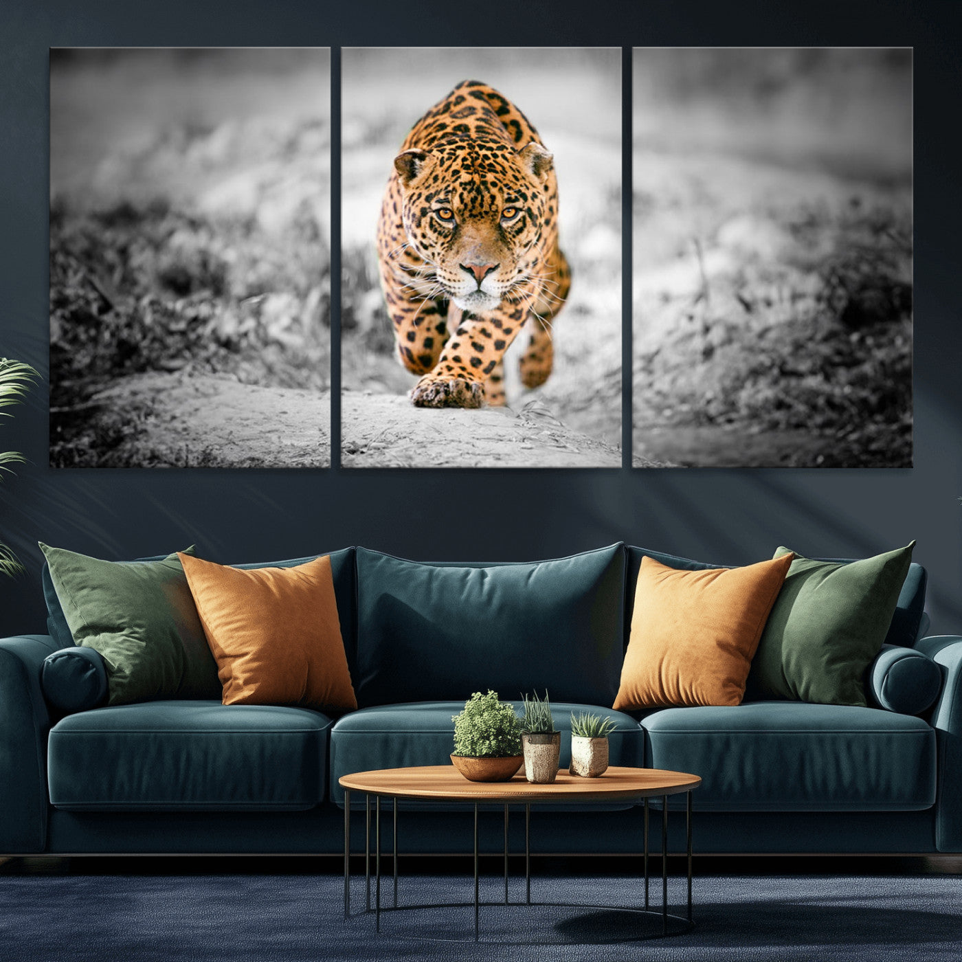 MGV-CV-60X30-3P - Jaguar Wall Art Canvas Print - Majestic Big Cat in Focused Pursuit - Ready to Hang