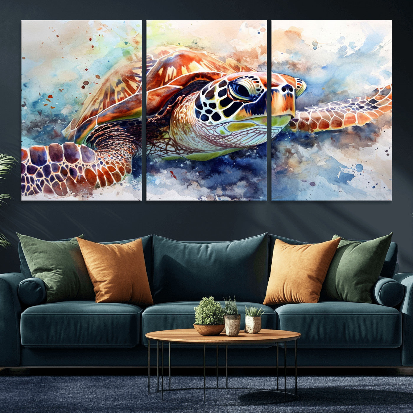 MGV-CV-60X30-3P - Watercolor Sea Turtle Wall Art Canvas Print - Vibrant Ocean Colors in Watercolor Style - Ready to