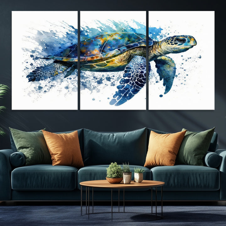 The Turtle Wall Art Print, featuring blue splashes, beautifully showcases Ocean Life.