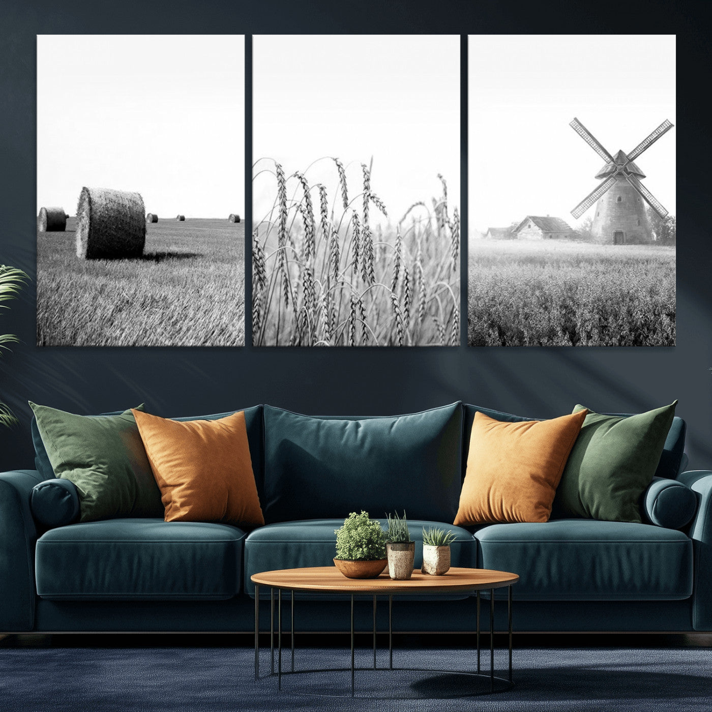 MGV-CV-60X30-3P - Vintage Farmhouse Black and White Triptych Wall Art – Giclee Canvas Featuring Wheat Fields, Hay