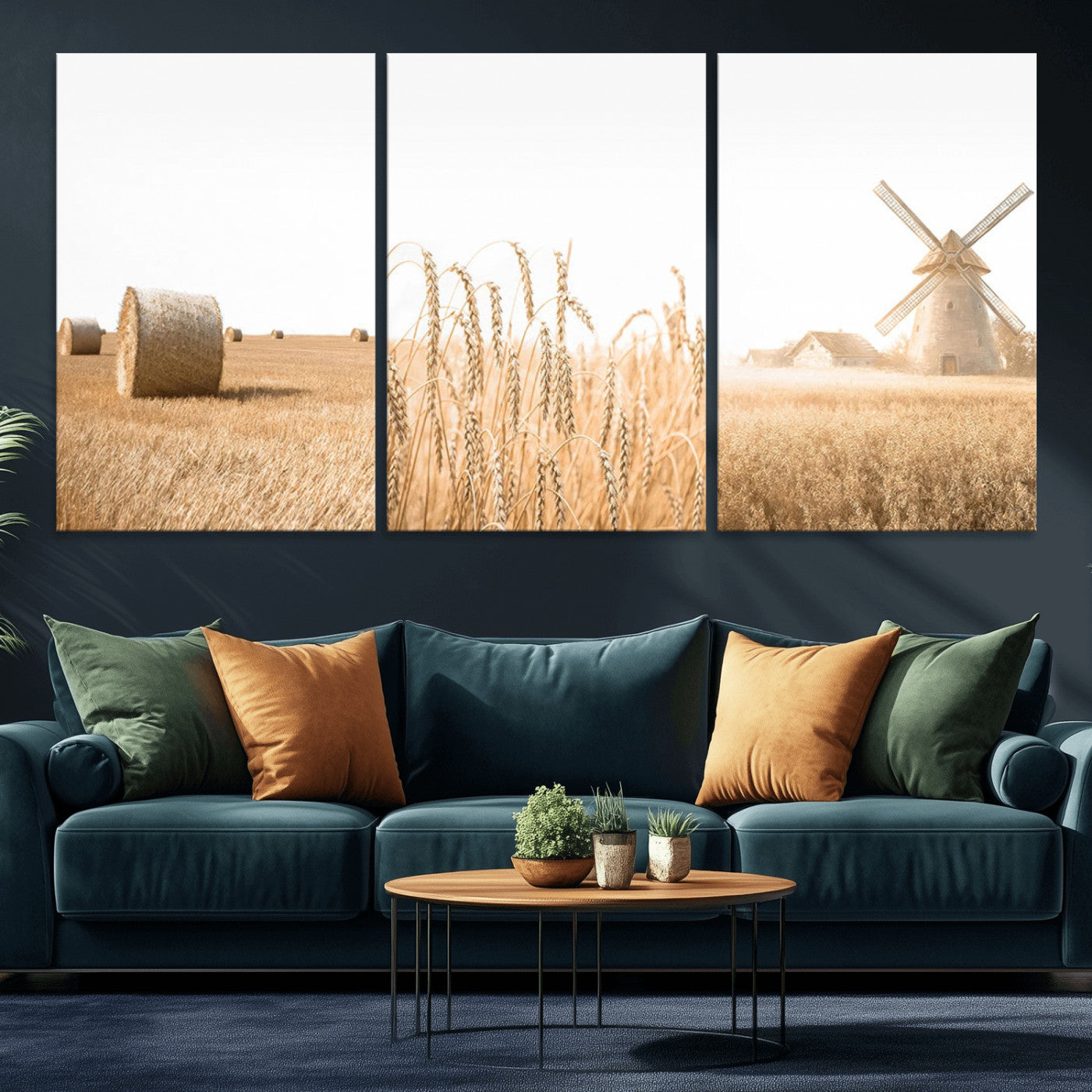 MGV-CV-60X30-3P - Vintage Farmhouse Triptych Wall Art – Giclée Canvas Featuring Wheat Fields, Hay Bales, and a