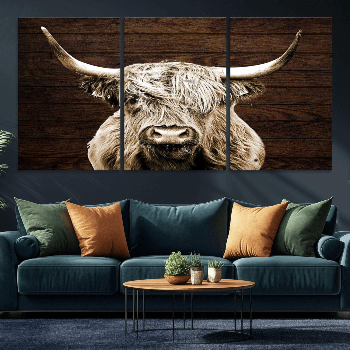 MGV-CV-60X30-3P - Highland Cow Wall Art Canvas Print, Rustic Farmhouse Decor, Majestic Scottish Highland Bull Portrait
