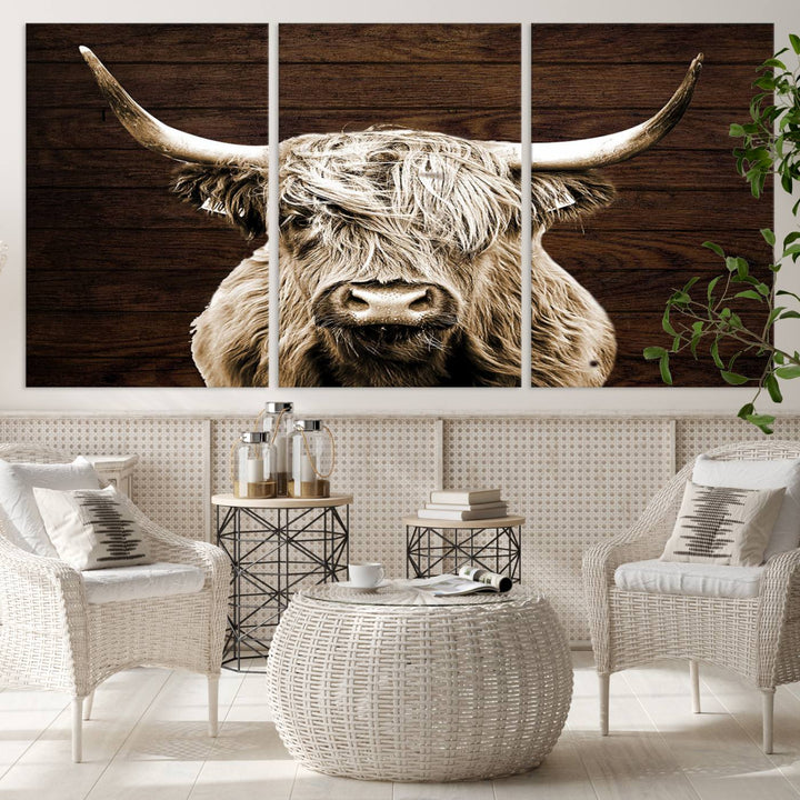 Highland Cow Wall Art Canvas Print, Rustic Farmhouse Decor, Majestic Scottish Highland Bull Portrait for Living Room – Ready to Hang