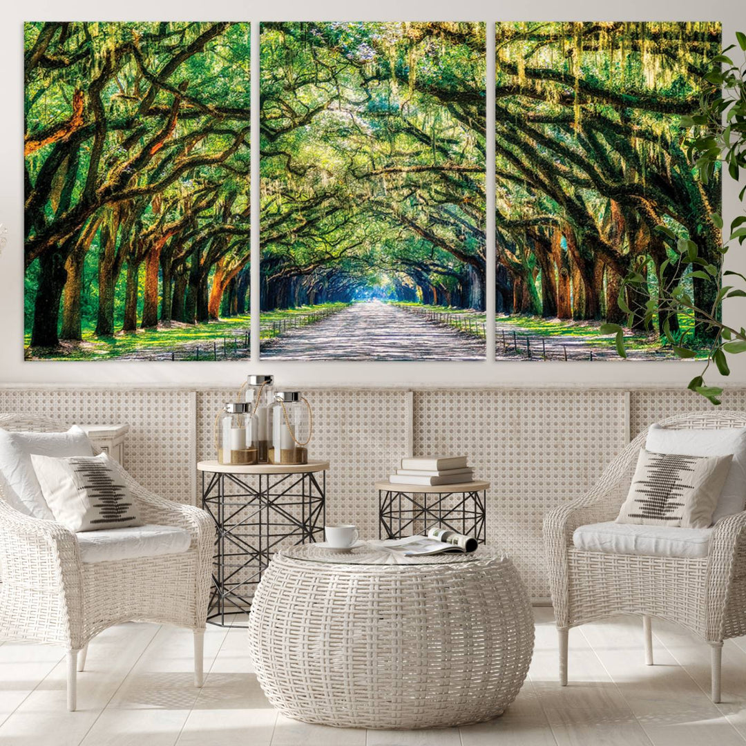 Serene Tree Tunnel Wall Art Canvas Print – Pathway Under Canopy of Lush Green Trees, Nature-Inspired Decor for Living Room – Ready to Hang