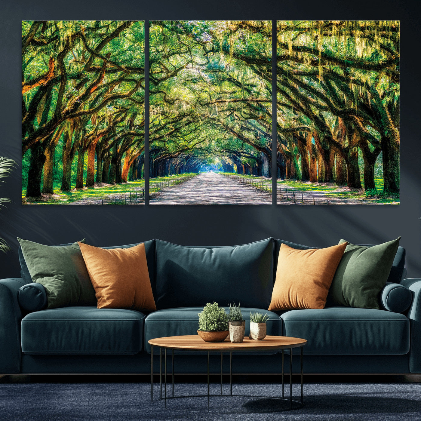 MGV-CV-60X30-3P - Serene Tree Tunnel Wall Art Canvas Print – Pathway Under Canopy of Lush Green Trees, Nature-Inspired