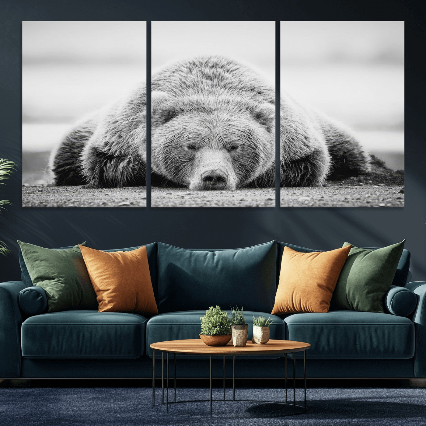 MGV-CV-60X30-3P - Resting Grizzly Bear Wall Art Canvas Print – Majestic Lazy Black and White Wildlife Bear Art,
