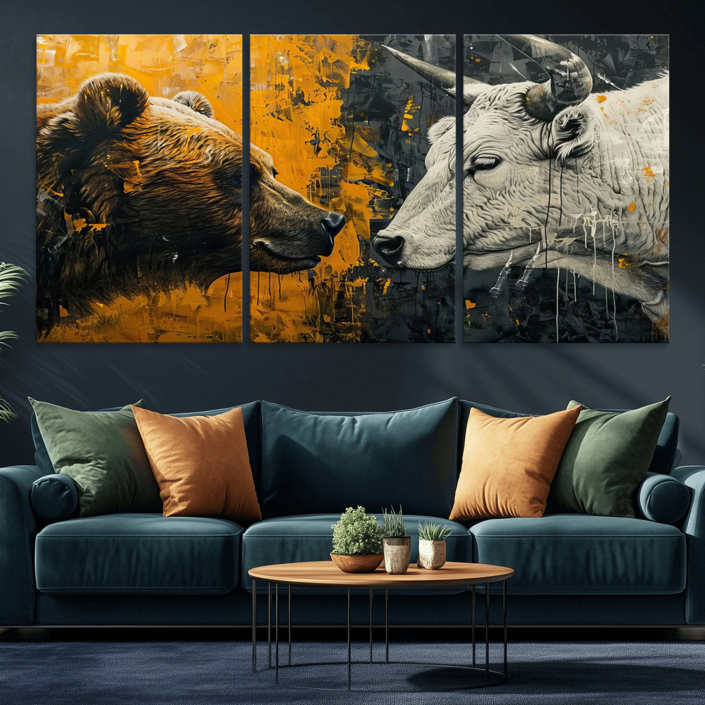 MGV-CV-60X30-3P - Bear and Bull Wall Art Canvas Print – Abstract Animal Portrait Painting for Modern Home Decor –