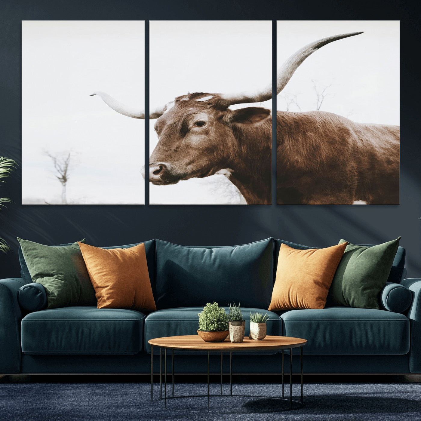 MGV-CV-60X30-3P - Rustic Bull Wall Art Canvas Print – Modern Longhorn Farmhouse Animal Decor – Abstract Farm Cow