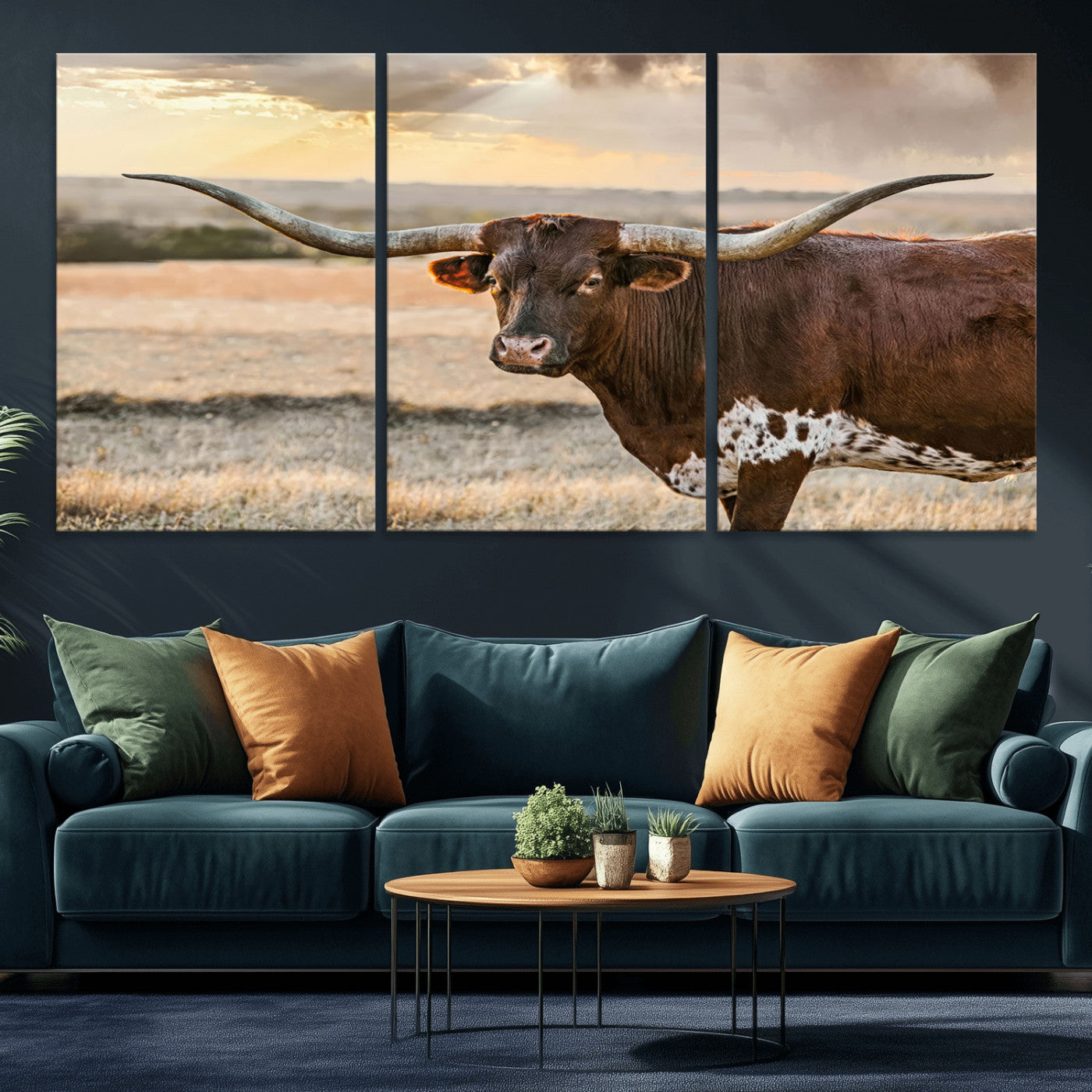 MGV-CV-60X30-3P - Texas Longhorn Wall Art Canvas Print, Rustic Ranch Decor, Majestic Western Longhorn Cattle