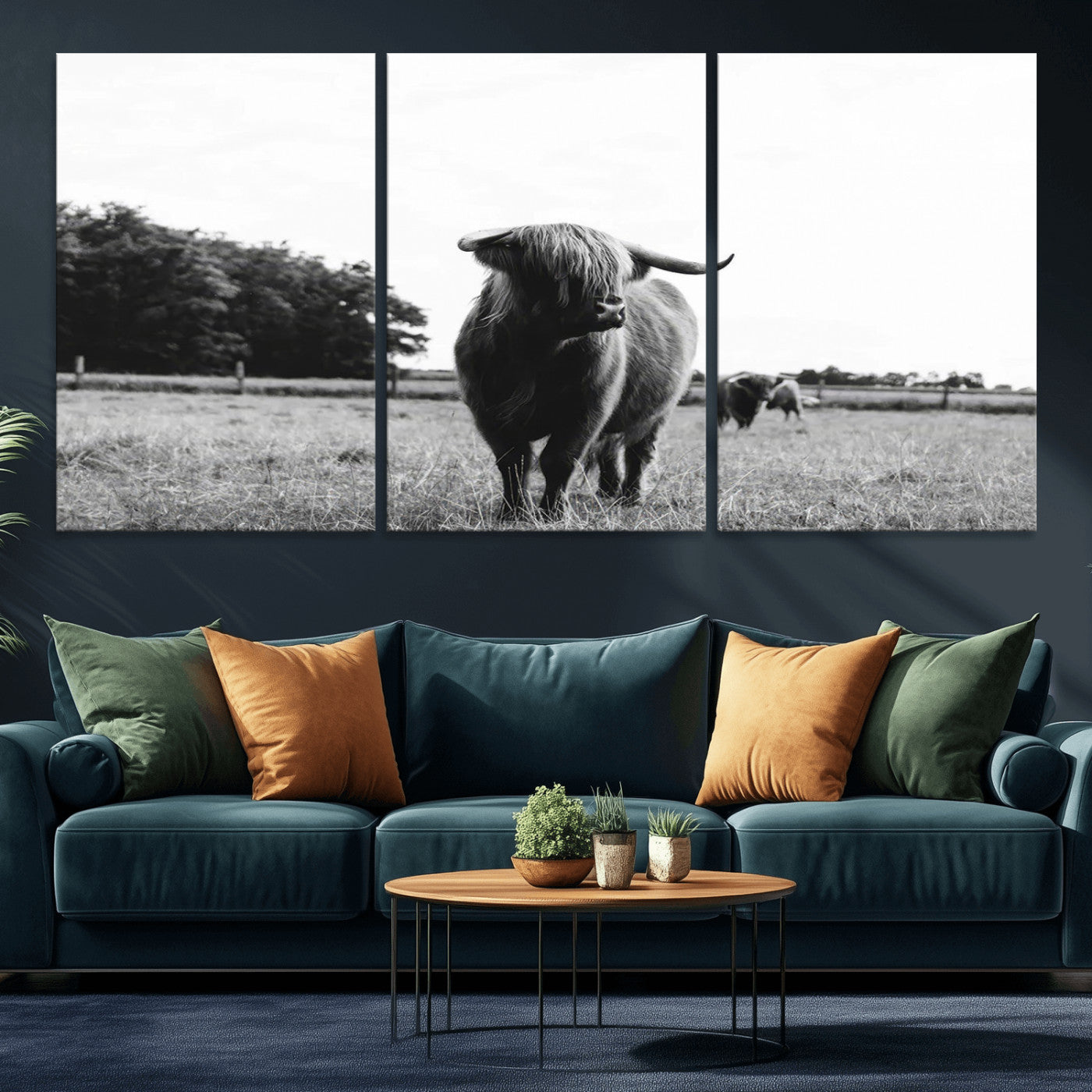 MGV-CV-60X30-3P - Black and White Highland Cow Wall Art Canvas Print | Rustic Western Decor for Living Room or Office,