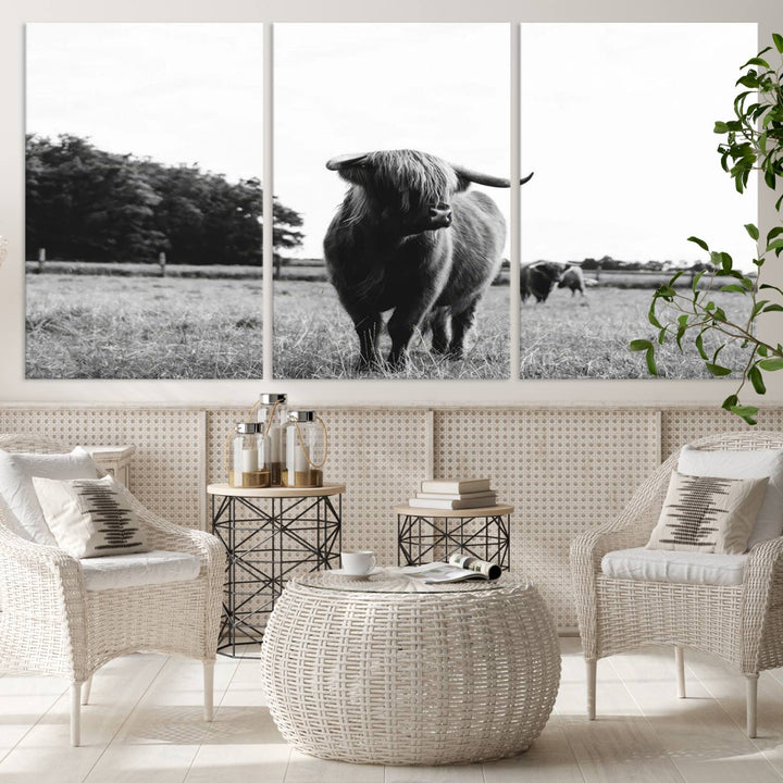 The Black and White Highland Cow Canvas Print is perfect rustic western decor.