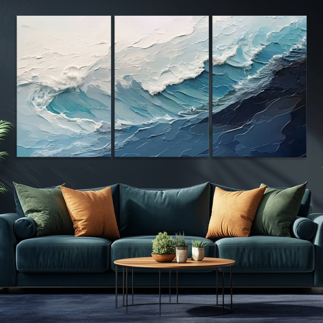 The Blue Abstract Wave Ocean Wall Art Canvas Print hangs prominently.