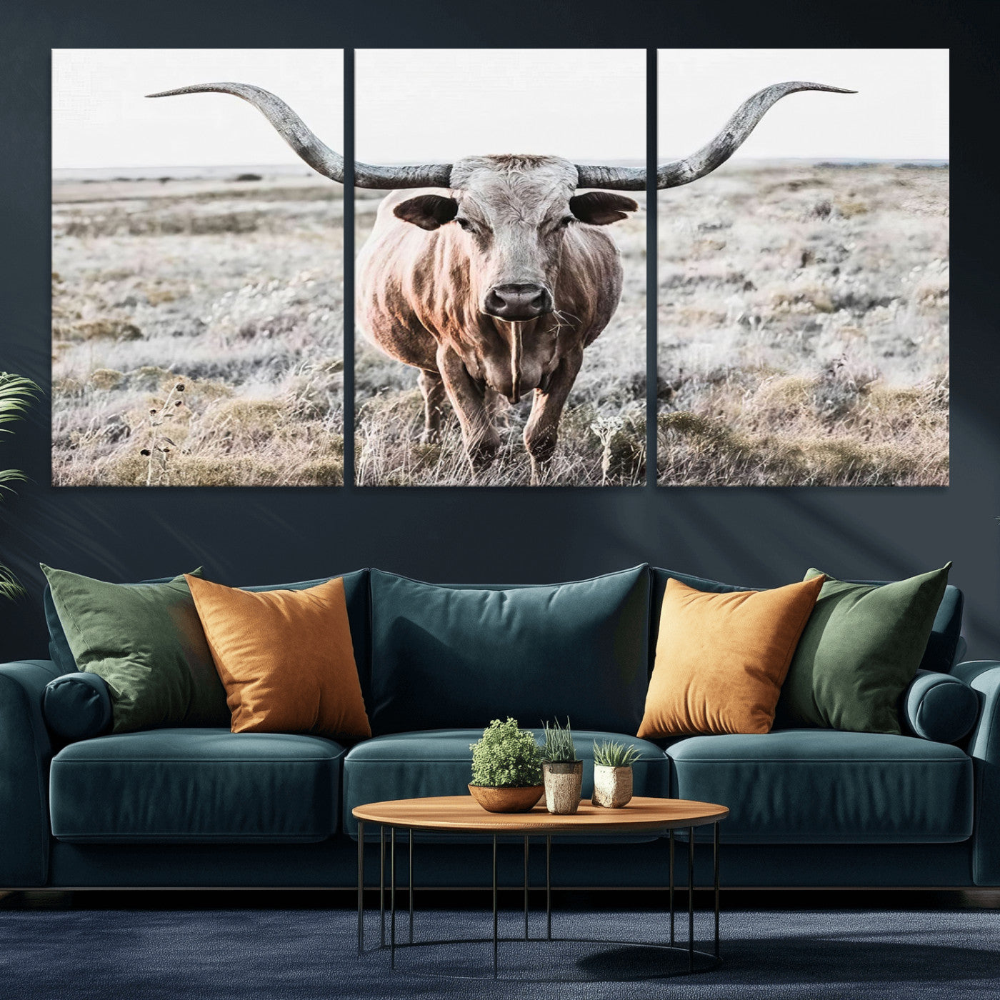 -Rustic Texas Longhorn Wall Art Canvas Print | Western Farmhouse Decor for Living Room or Office,
