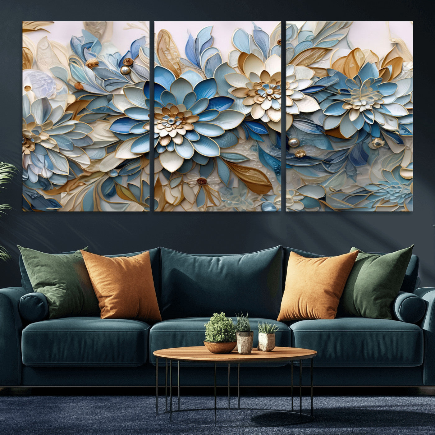 MGV-CV-60X30-3P - Blu Abstract Flower Wall Art Canvas Print