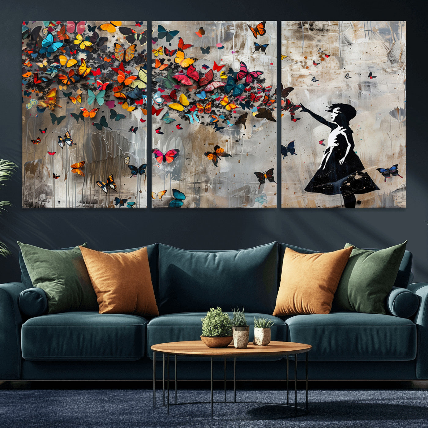 MGV-CV-60X30-3P - Banksy Wall Art - Banksy Girl and Butterfly Explosion Wall Art Canvas Print | Girl with Butterflies