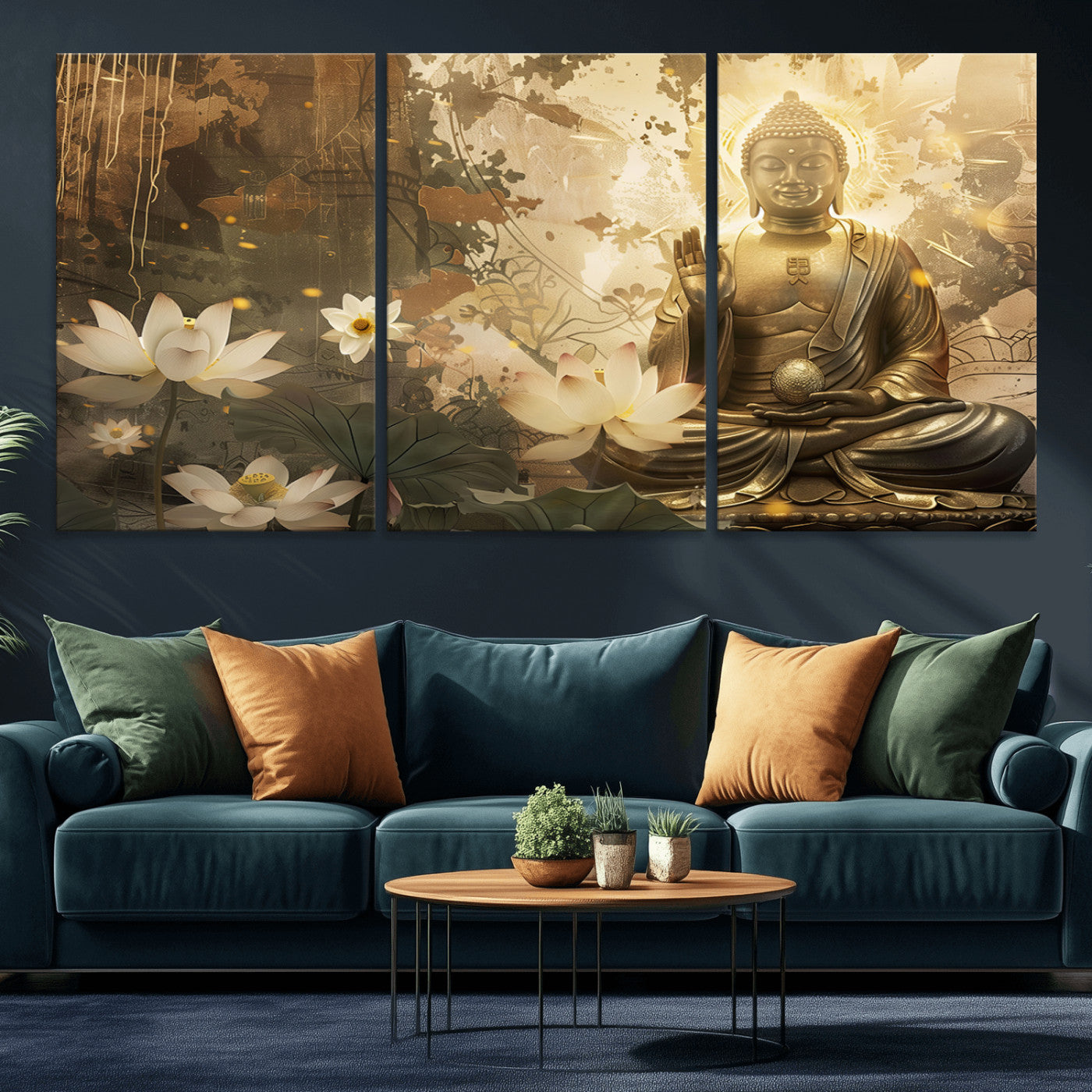 MGV-CV-60X30-3P - Zen Buddha Wall Art Canvas Print | Peaceful Meditation Decor with Lotus Flowers | Spiritual Serenity