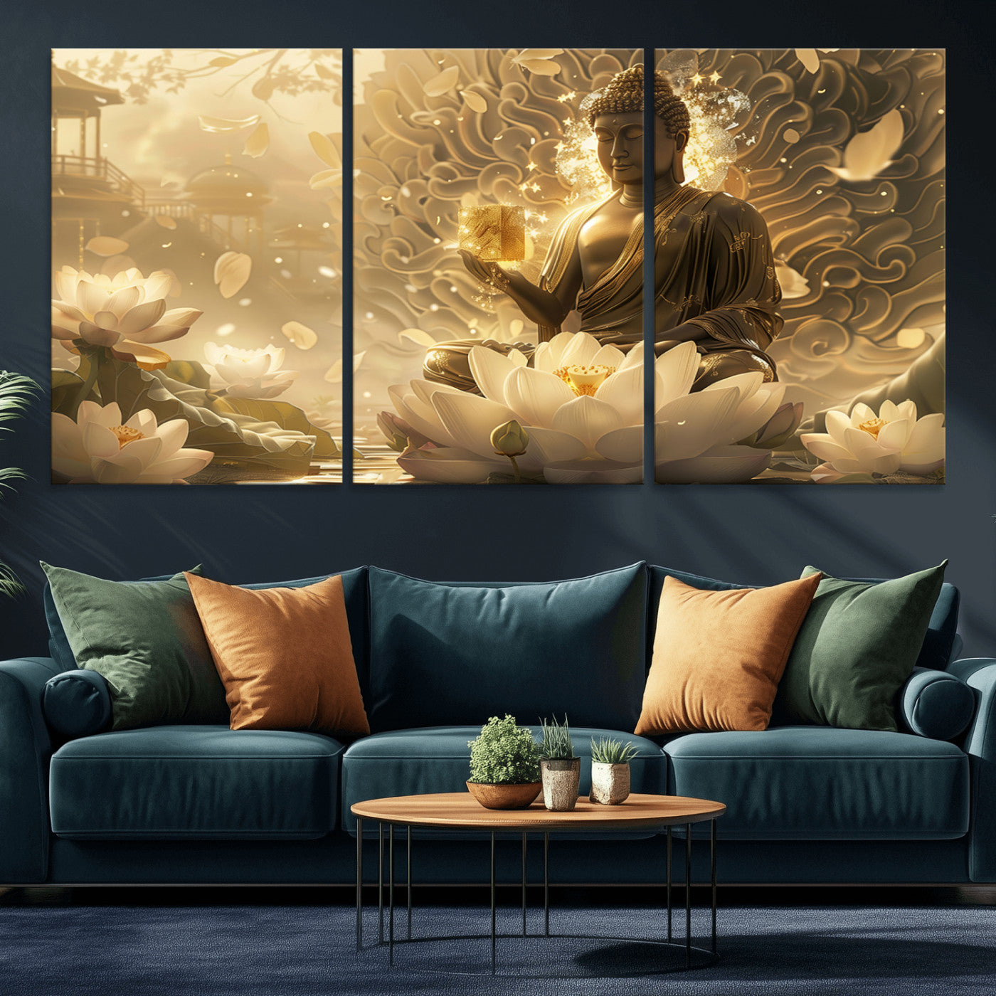 MGV-CV-60X30-3P - Golden Buddha Wall Art | Yoga Room Decor and Meditation Room Wall Art | Framed and Ready to Hang