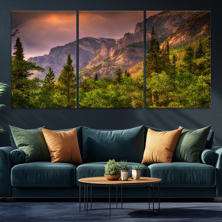 The Colorado Rockies Mountains wall art canvas print at sunset is displayed prominently.