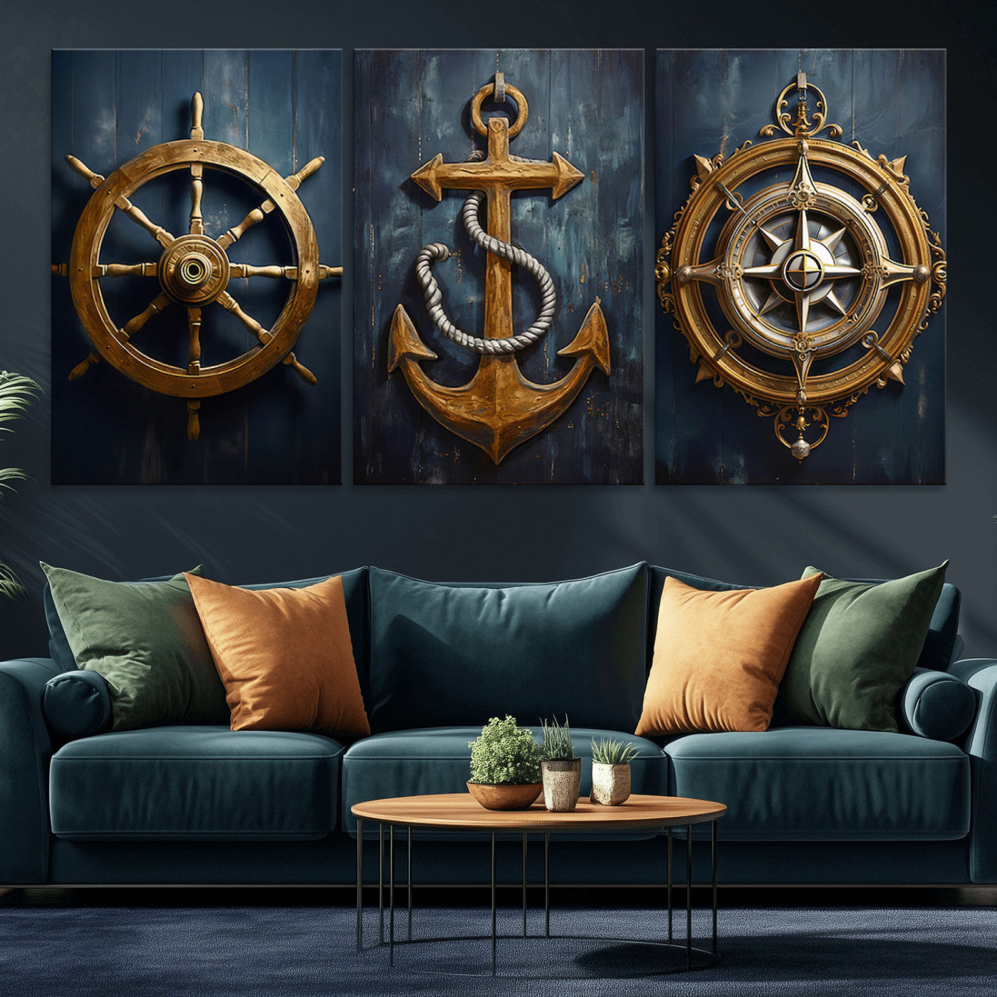 MGV-CV-60X30-3P - Boat Anchor Compass With Rope Wall Art Canvas Print | Beach House Wall Art