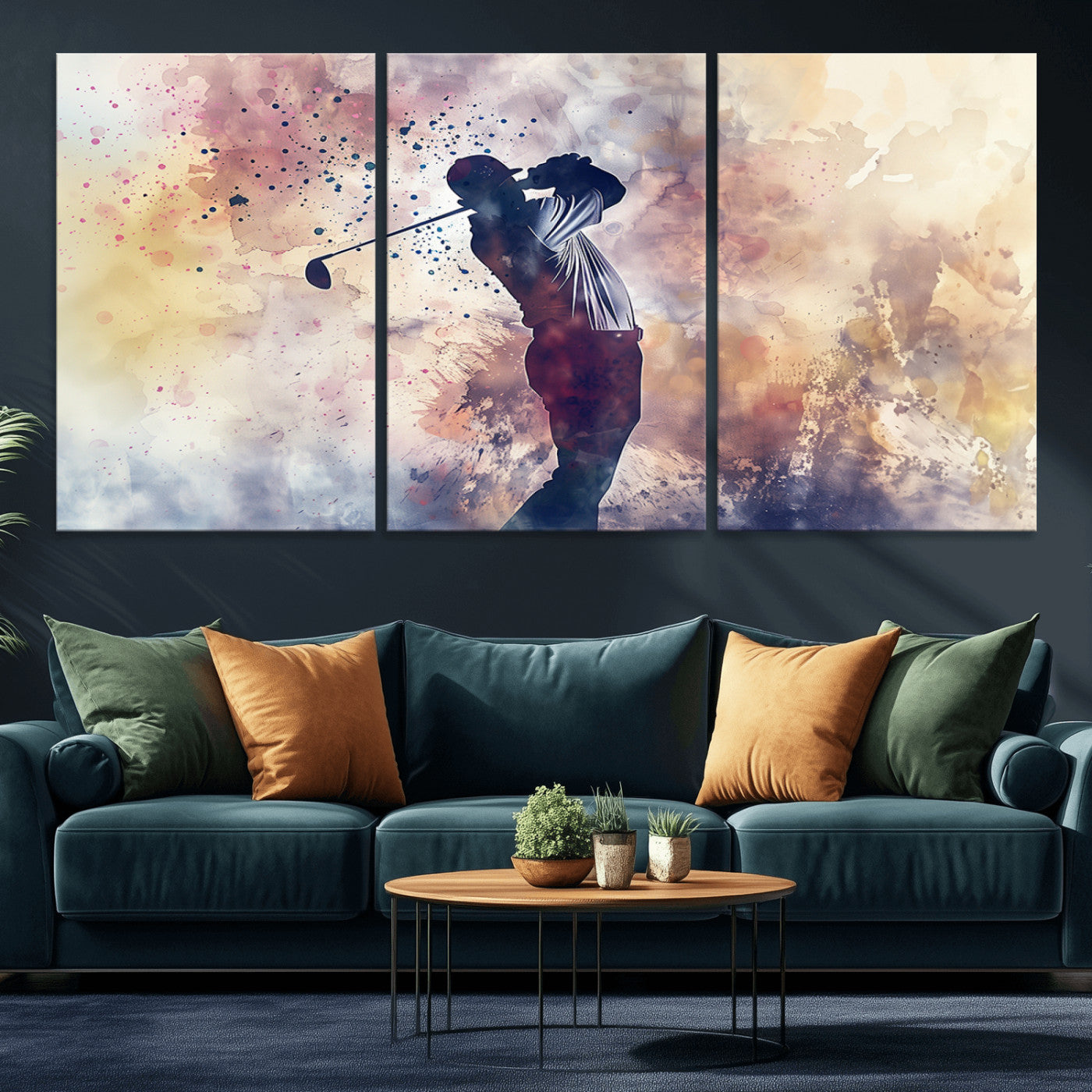 MGV-CV-60X30-3P - Abstract Watercolor Golf Player Wall Art Canvas Print