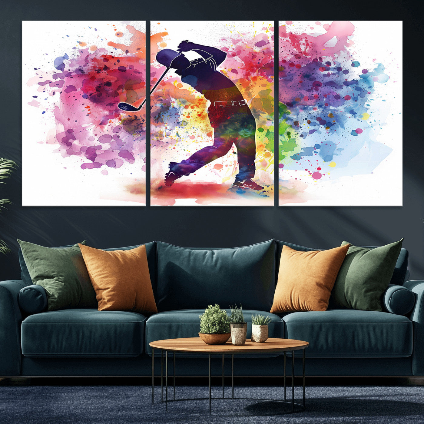 MGV-CV-60X30-3P - Colorful Golfer Swing Wall Art Canvas Print - Ready to Hang, Framed Sports Decor
