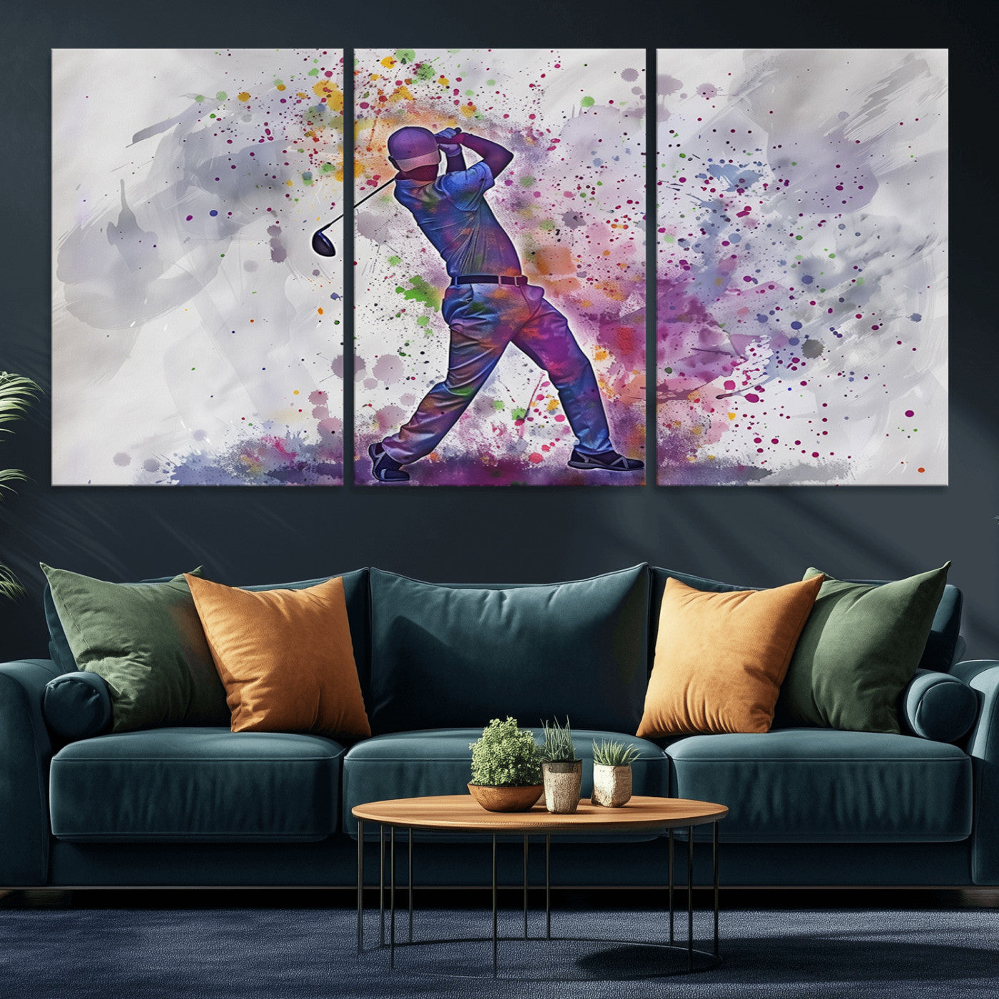 MGV-CV-60X30-3P - Watercolor Golf Swing Wall Art Canvas Print | Vibrant Abstract Golf Player Silhouette |