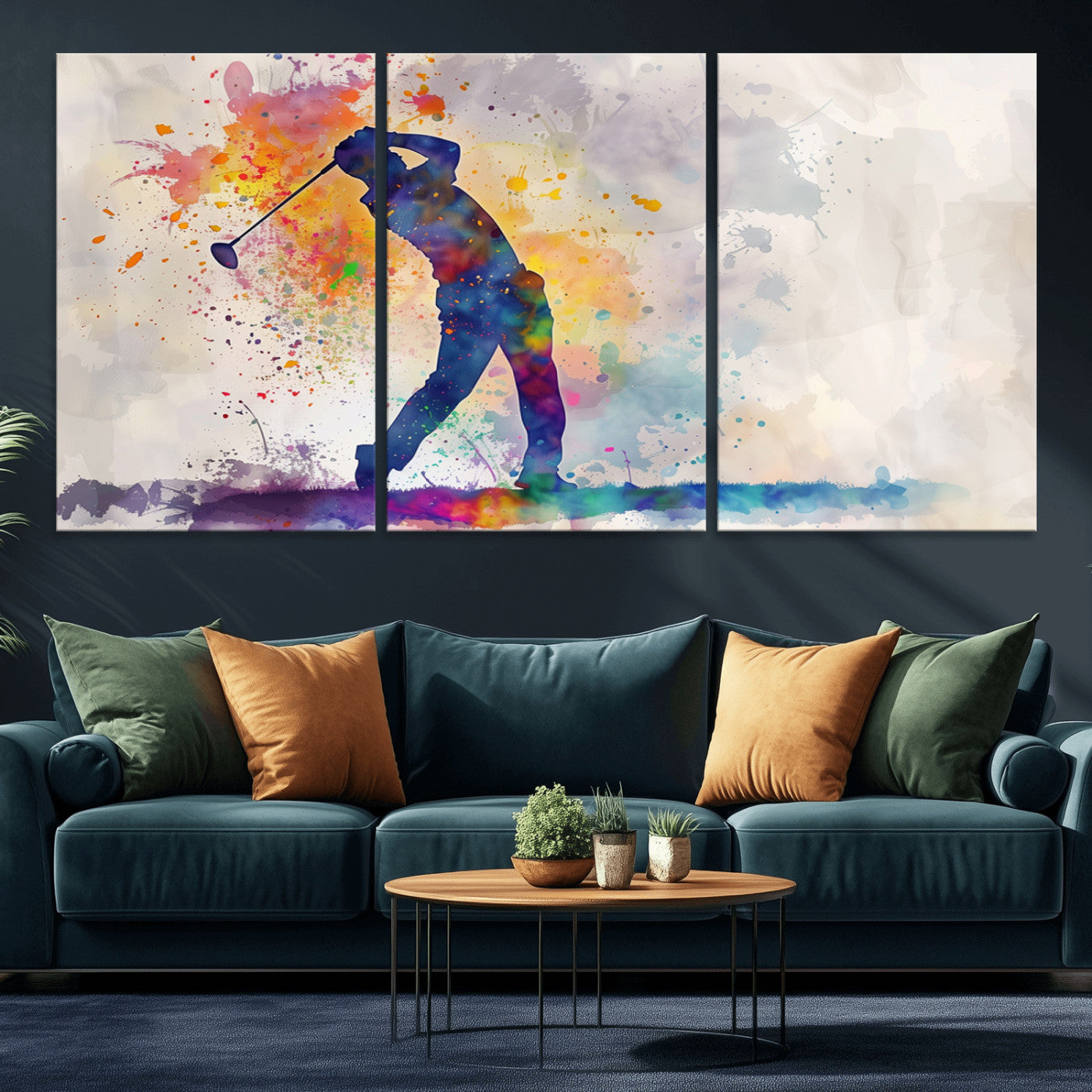 MGV-CV-60X30-3P - Watercolor Golf Swing Wall Art Canvas Print | Vibrant Abstract Golf Player Silhouette |