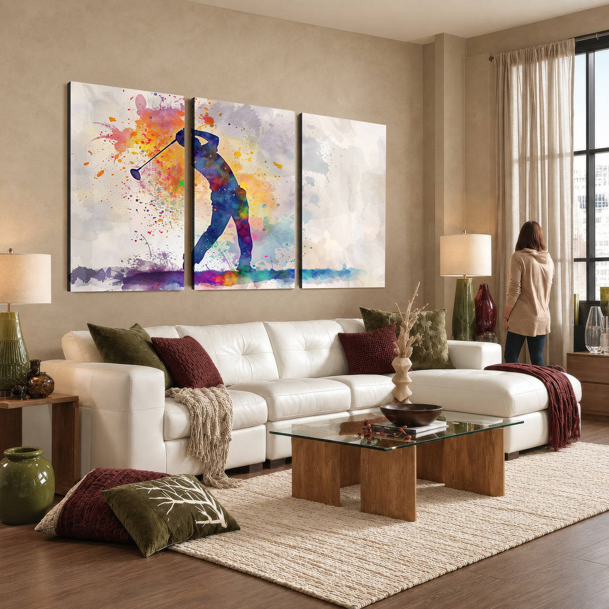89625-MGV-CV-36X24 - Vibrant Watercolor Golf Swing Wall Art Canvas Print | Extra Large 3 Piece Canvas Wall Art