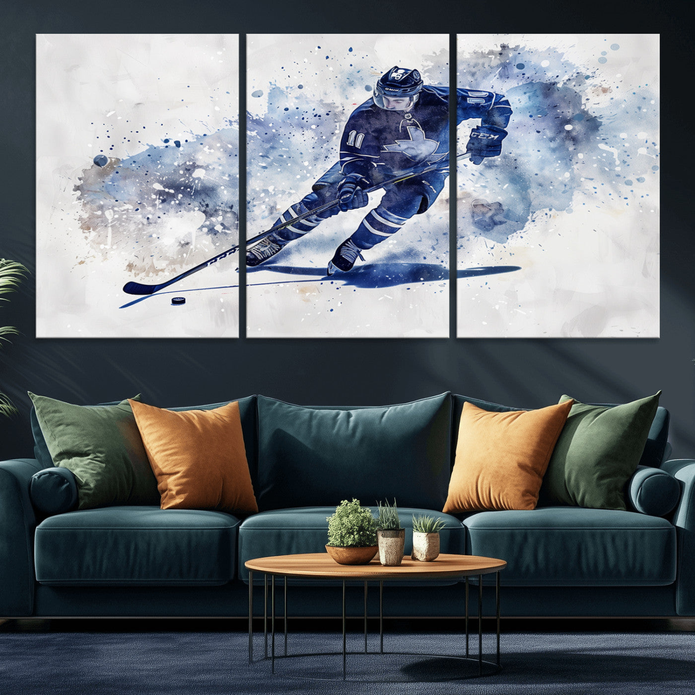 MGV-CV-60X30-3P - Hockey Player Wall Art Canvas Print - Sports-Inspired Watercolor Decor - Ready to Hang