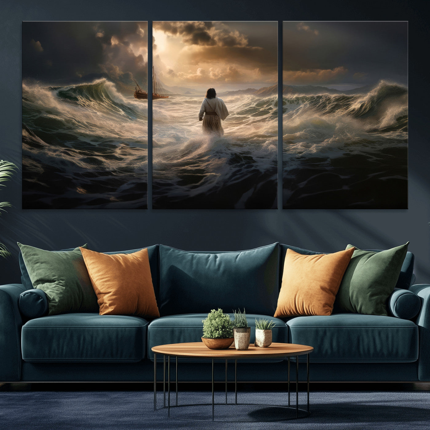 MGV-CV-60X30-3P - Jesus Walking on Water Wall Art Canvas Print - Religious Spiritual Decor - Jesus Wall Art Canvas
