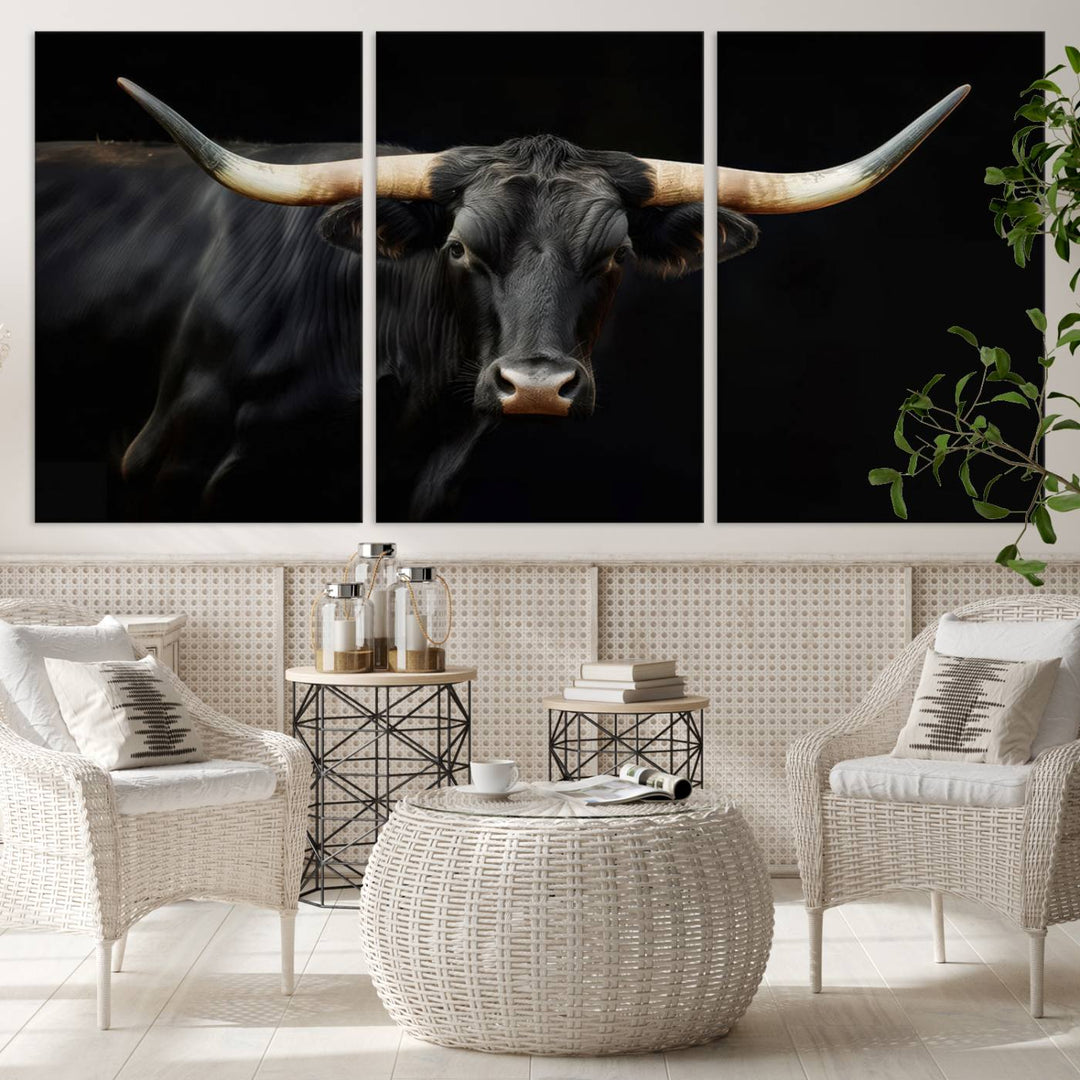 Texas Longhorn Cow | Majestic Black Bull Wall Art Canvas Print - Farmhouse Animal Decor - Ready to Hang