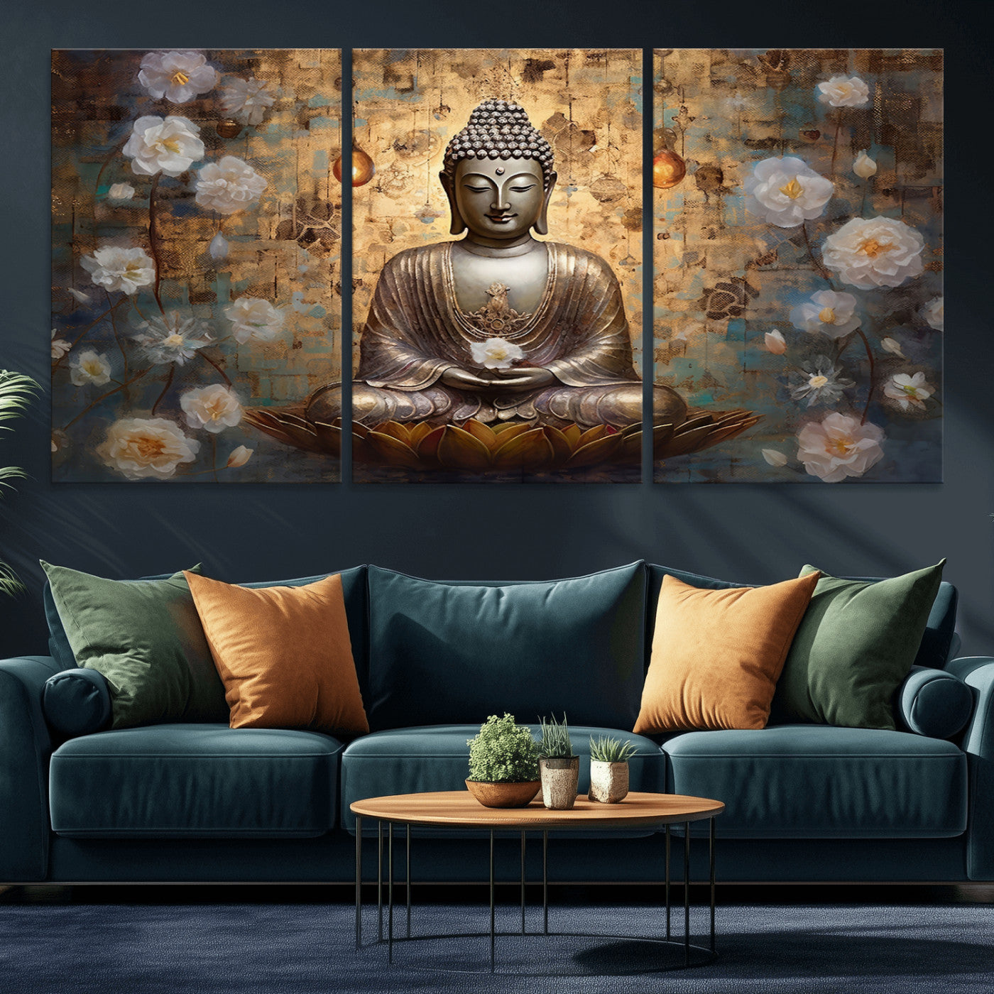 MGV-CV-60X30-3P - Golden Buddha Wall Art Canvas Print | Zen Meditation Floral Decor | Tranquil Spiritual Home Art |