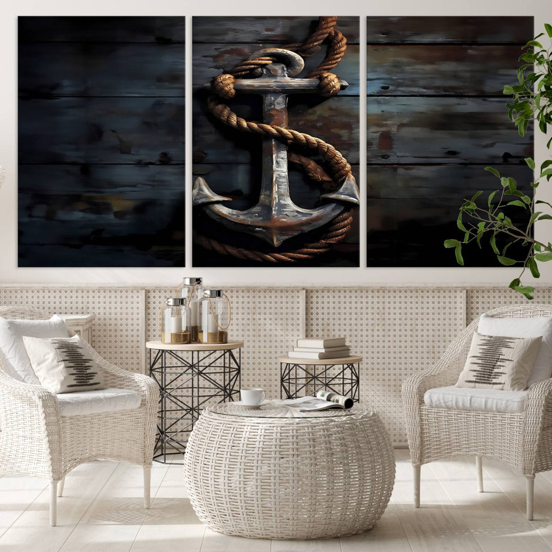 A "3 Panel Grunge Abstract Anchor Wall Art Canvas Print Set" adorns the wall, showcasing an anchor wrapped with rope. This museum-quality canvas boasts high-resolution printing and is professionally hand-assembled, elevating any space with elegance and artistic flair.