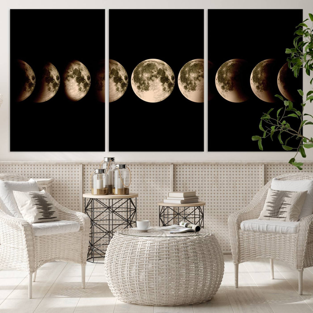 The "Phases of the Moon Wall Art" canvas print elegantly hangs on the wall.