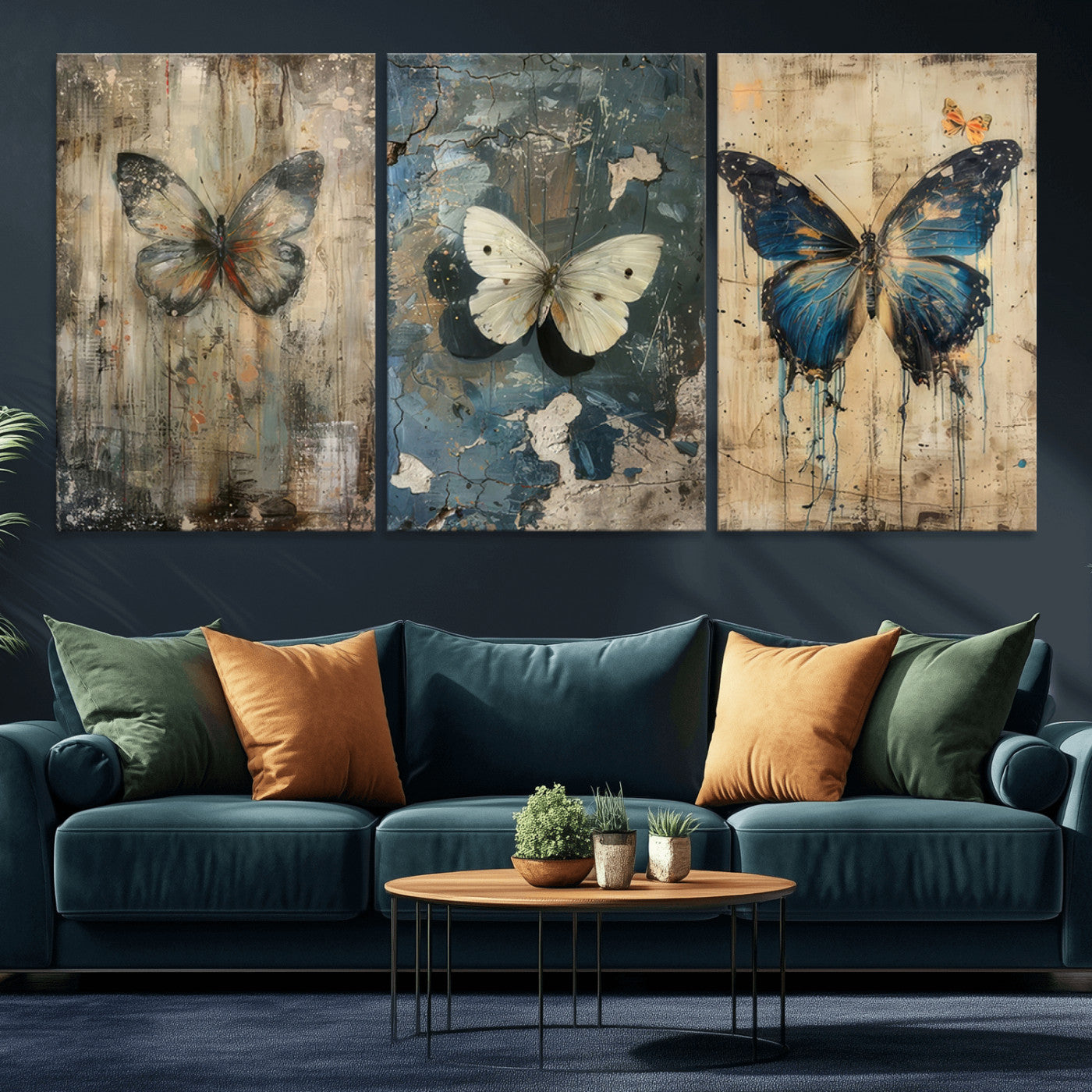 MGV-CV-60X30-3P - Butterfly Wall Art Trio | Vintage Butterfly Canvas Print | Ready to Hang Framed Artwork for