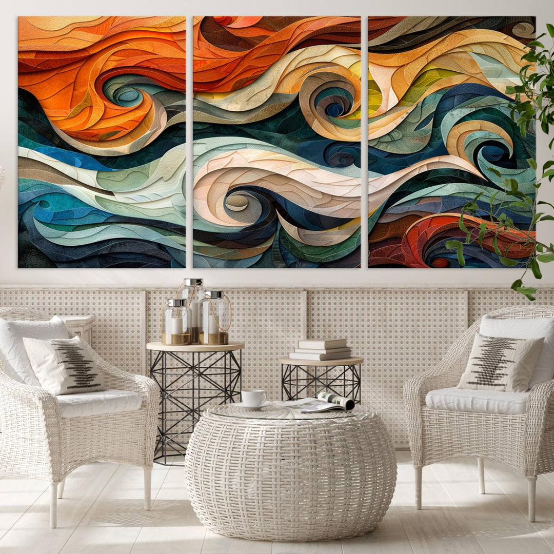 Abstract Wave Wall Art is a ready-to-hang framed canvas print featuring swirling orange, blue, and white patterns. It's perfect for adding vibrant decor to modern spaces.