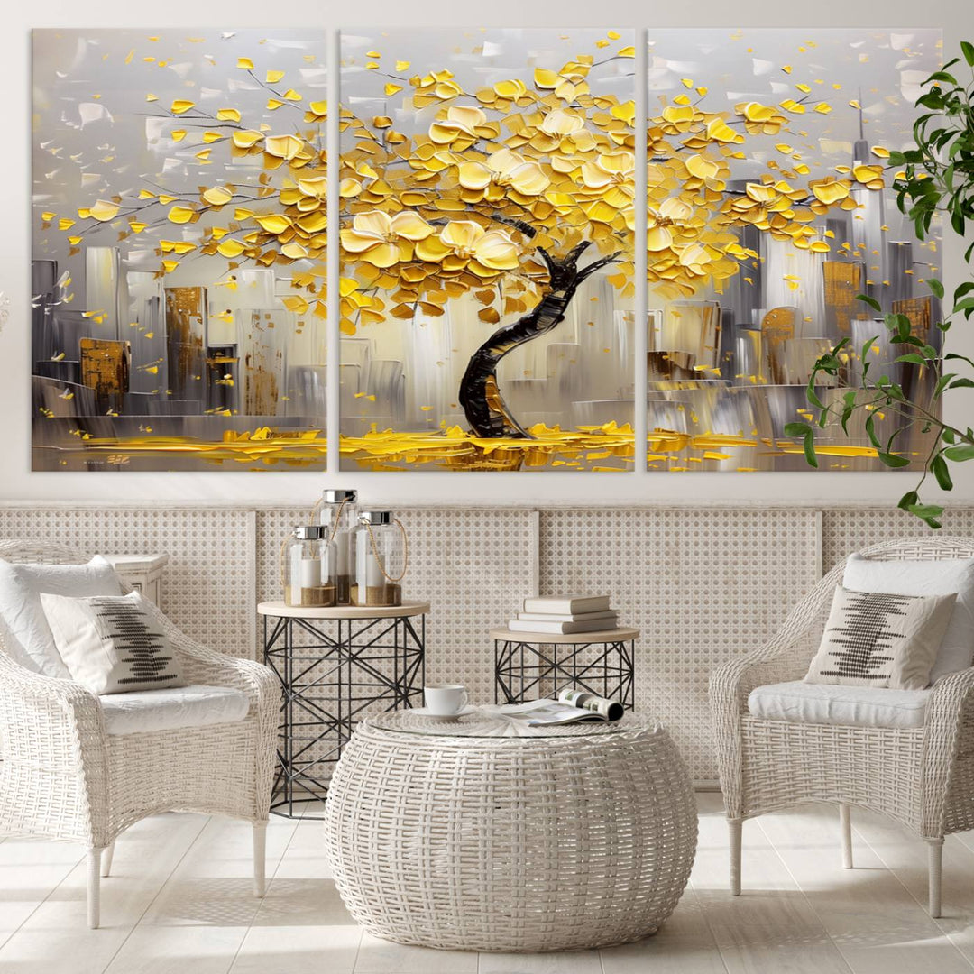 A framed canvas print from the "Golden Tree Canvas Print | Abstract Wall Art for Modern Homes | Ready to Hang Framed Artwork" collection hangs elegantly against the dark wall, epitomizing exquisite abstract wall art.