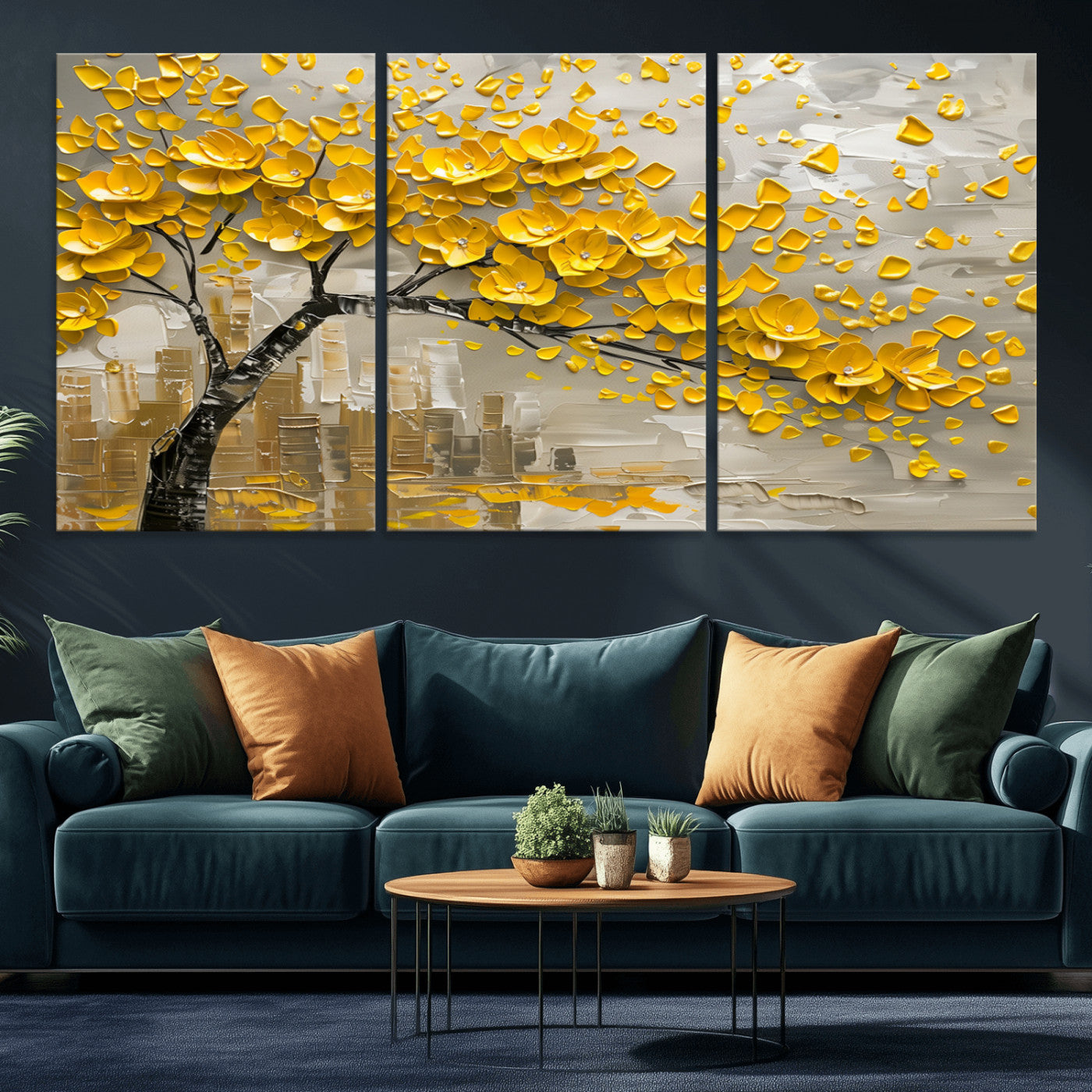 MGV-CV-60X30-3P - Yellow Blossom Tree Canvas Wall Art - Floral Abstract Modern Contemporary Artwork for Living Room or