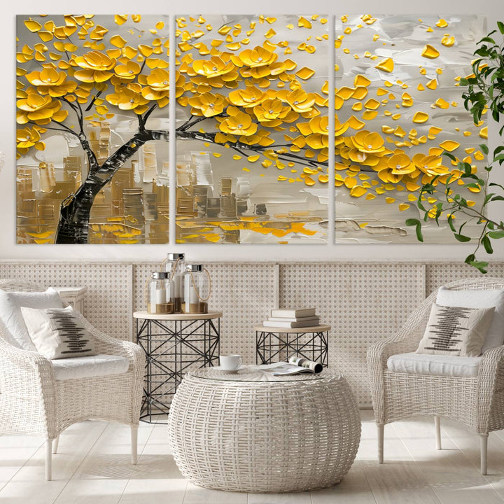 Yellow Blossom Tree Canvas Wall Art, featuring a floral abstract modern design, is elegantly displayed against a dark wall. This sophisticated piece enhances the contemporary aesthetic of the space.